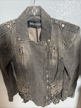 Balmain Gray Washed Denim Moto Jacket
